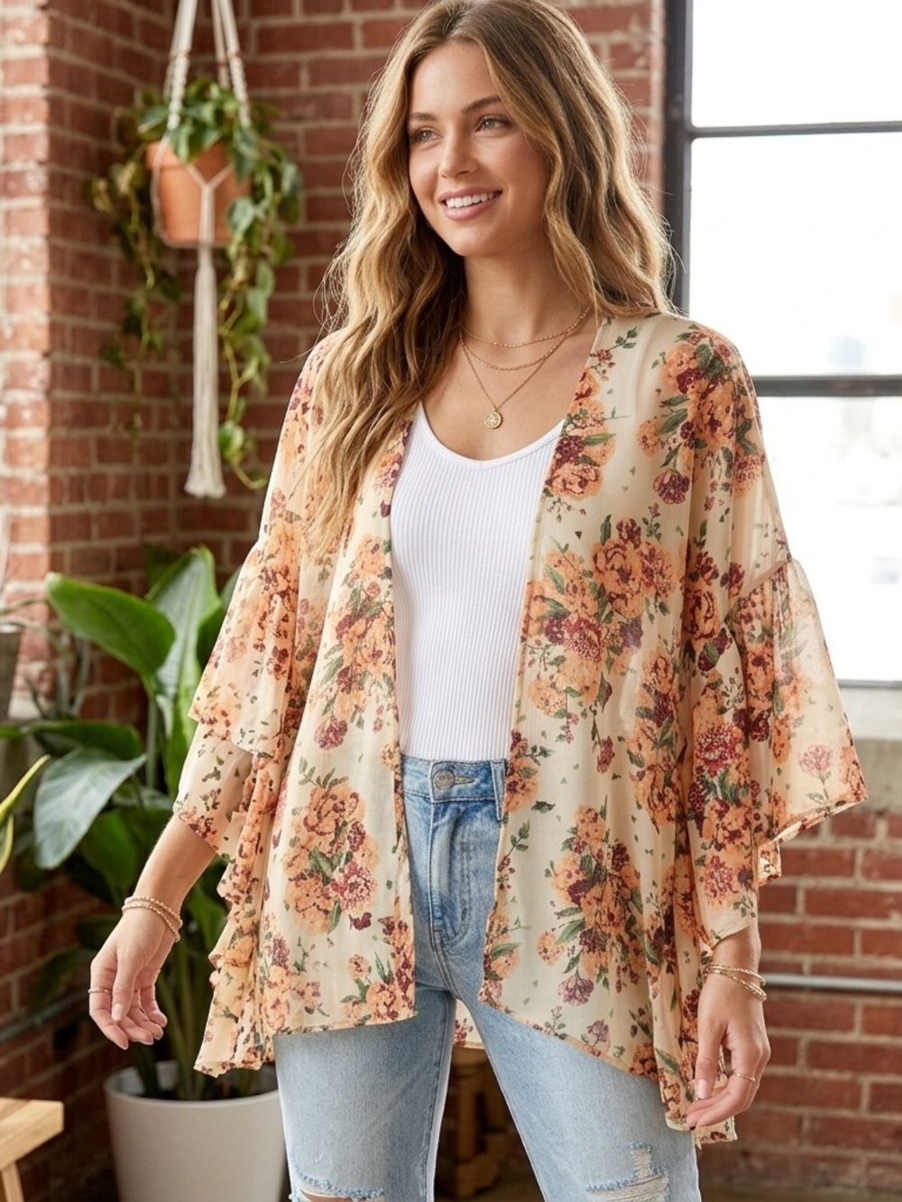 Live 4 Truth Kimono M Floral Fall Boho Peach Cream Flowy Cottagecore Harvest